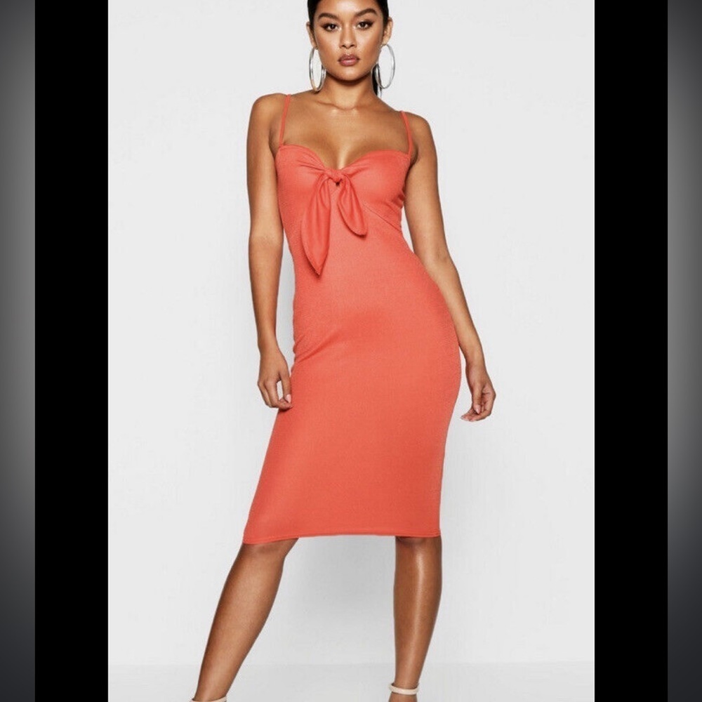 NWT boohoo red front tie knot bodycon scuba midi dress spaghetti straps - Picture 2 of 6